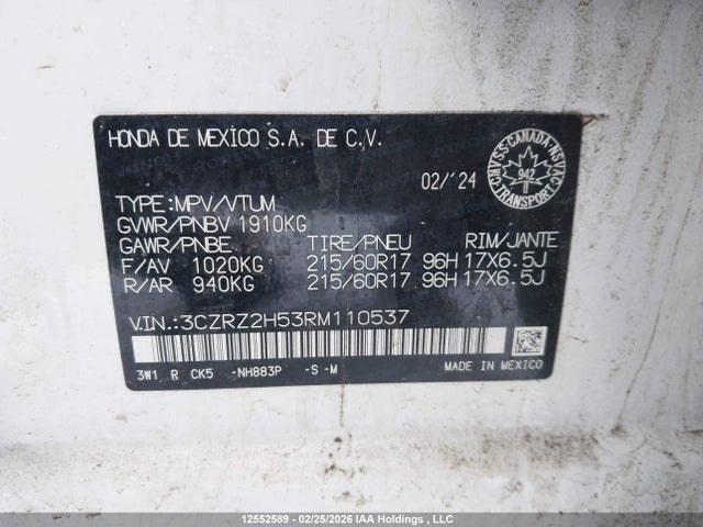 3CZRZ2H53RM110537 Honda Hr-v Sport-b