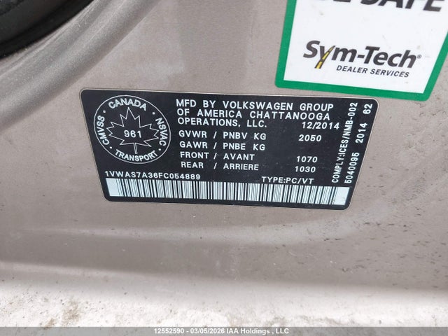 Продажа на аукционе авто 2015 Volkswagen Passat S, vin: 1VWAS7A36FC054889, номер лота: 12552590