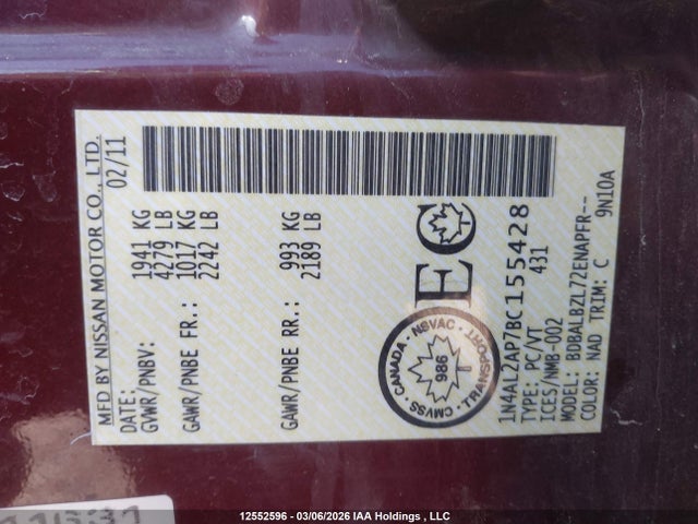 12552596 :رقم المزاد ، 1N4AL2AP7BC155428 vin ، 2011 Nissan Altima 2.5 S مزاد بيع