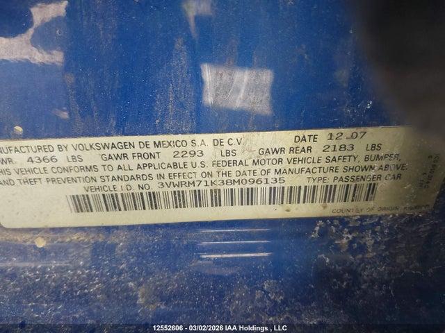 12552606 :رقم المزاد ، 3VWRM71K38M096135 vin ، 2008 Volkswagen Jetta 2.5l Trendline مزاد بيع