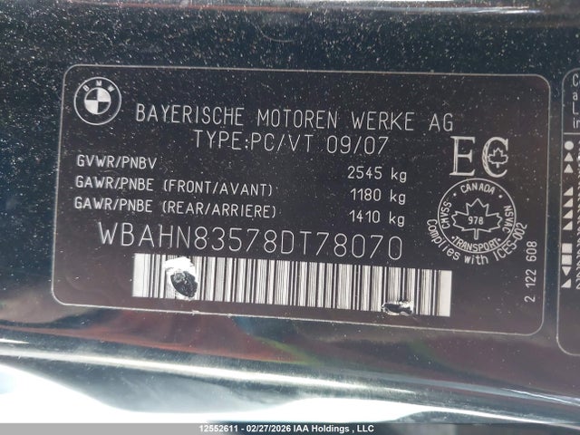 12552611 :رقم المزاد ، WBAHN83578DT78070 vin ، 2008 Bmw 750li مزاد بيع