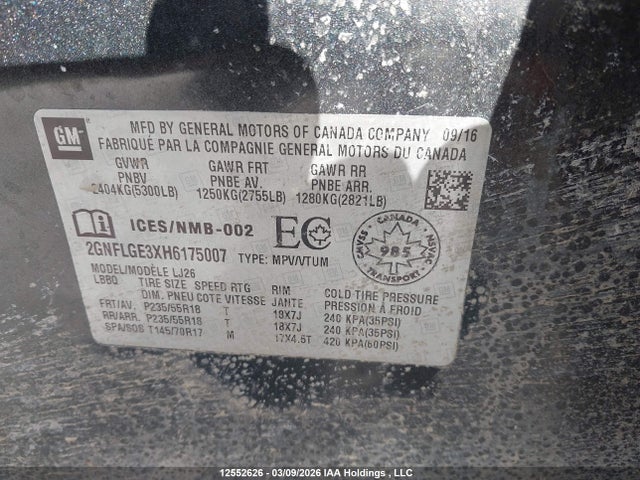12552626 :رقم المزاد ، 2GNFLGE3XH6175007 vin ، 2017 Chevrolet Equinox Premier مزاد بيع