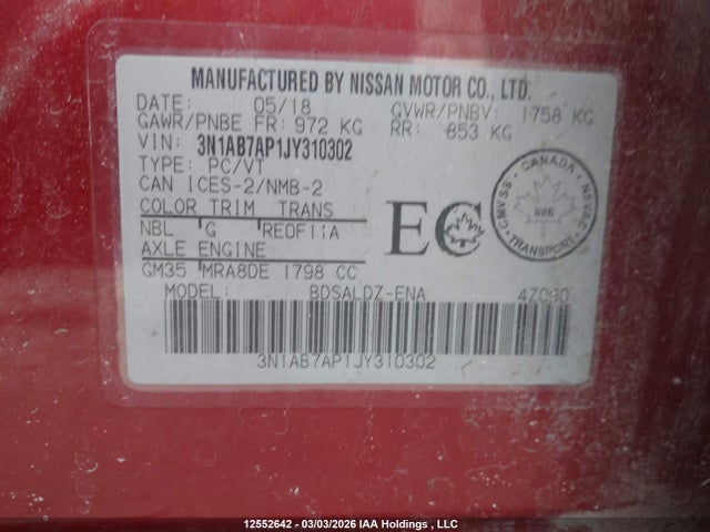12552642 :رقم المزاد ، 3N1AB7AP1JY310302 vin ، 2018 Nissan Sentra S/sv/sr/sl مزاد بيع