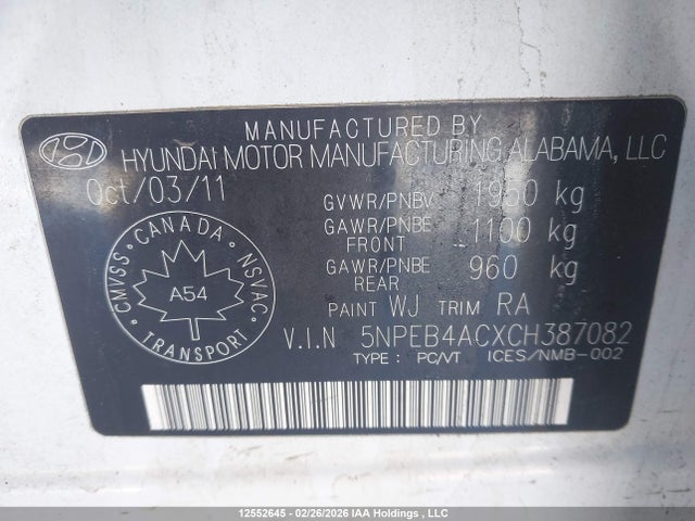 Aukcja sprzedaży 2012 Hyundai Sonata Gls, vin: 5NPEB4ACXCH387082, numer aukcji: 12552645