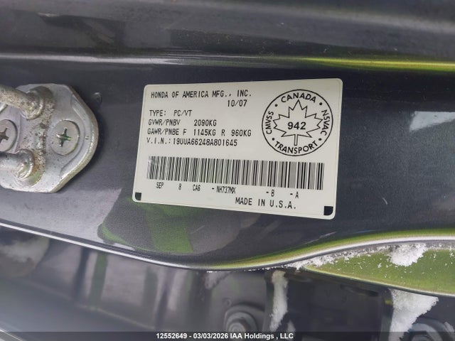 Aukcja sprzedaży 2008 Acura Tl, vin: 19UUA66248A801645, numer aukcji: 12552649