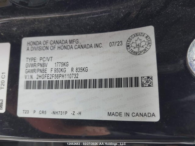 Продаж на аукціоні авто 2023 Honda Civic Sport/sport-b, vin: 2HGFE2F56PH110732, номер лоту: 12552653
