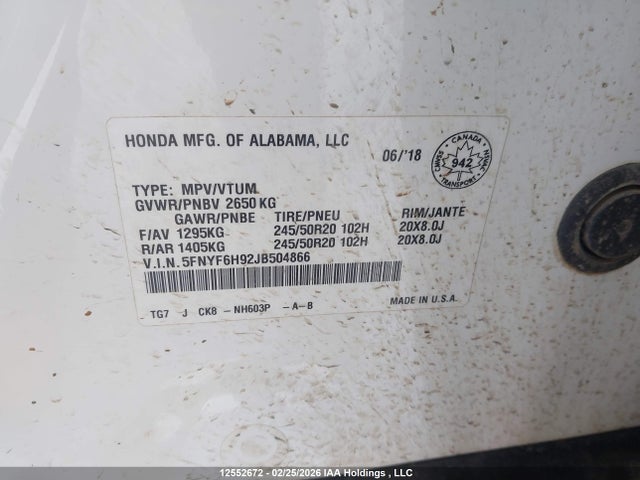12552672 :رقم المزاد ، 5FNYF6H92JB504866 vin ، 2018 Honda Pilot Touring مزاد بيع