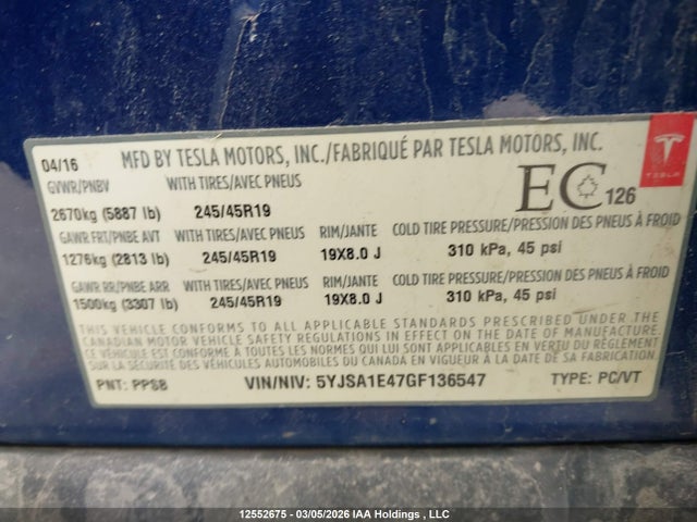 Aukcja sprzedaży 2016 Tesla Model S, vin: 5YJSA1E47GF136547, numer aukcji: 12552675