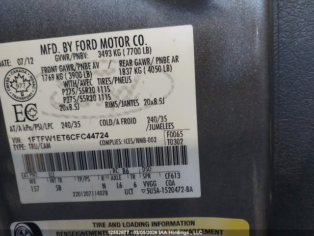 2012 Ford F-150 Fx4 მანქანა იყიდება აუქციონზე, vin: 1FTFW1ET6CFC44724, აუქციონის ნომერი: 12552677