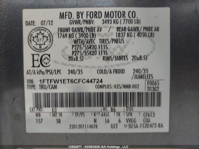 2012 Ford F-150 Fx4 მანქანა იყიდება აუქციონზე, vin: 1FTFW1ET6CFC44724, აუქციონის ნომერი: 12552677