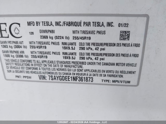 7SAYGDEE1NF361873 Tesla Model Y