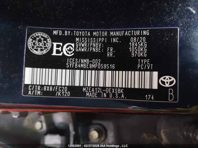 Aukcja sprzedaży 2021 Toyota Corolla Se, vin: 5YFB4MBE8MP059516, numer aukcji: 12552691