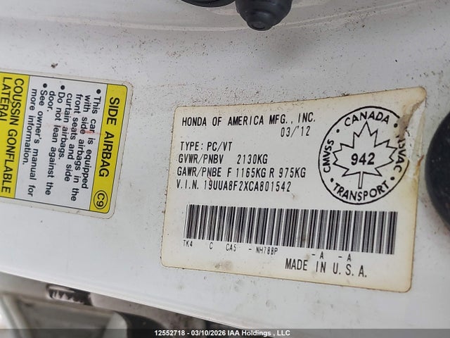 Aukcja sprzedaży 2012 Acura Tl, vin: 19UUA8F2XCA801542, numer aukcji: 12552718