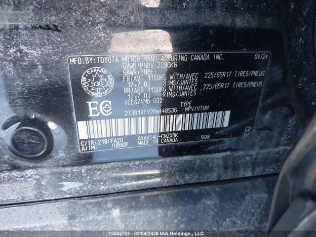12552721 :رقم المزاد ، 2T3B1RFV2RW448536 vin ، 2024 Toyota Rav4 Le مزاد بيع