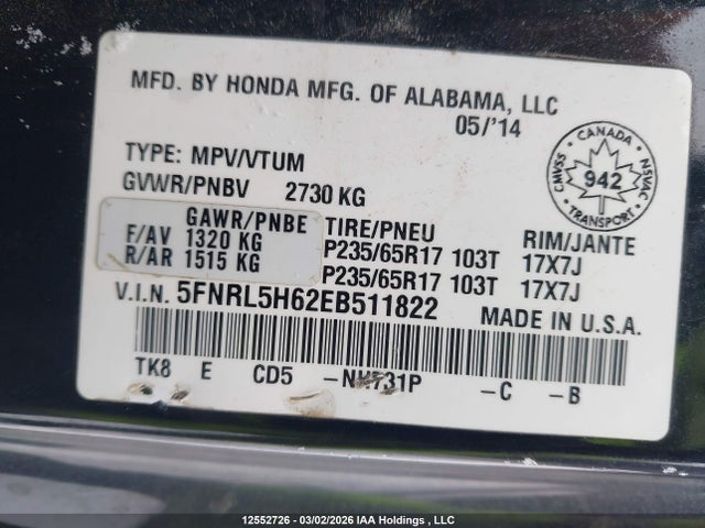 5FNRL5H62EB511822 Honda Odyssey Ex-l