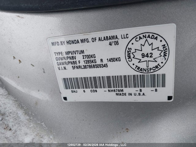 12552729 :رقم المزاد ، 5FNRL38786B509345 vin ، 2006 Honda Odyssey Ex-l مزاد بيع