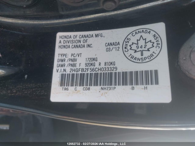 12552732 :رقم المزاد ، 2HGFB2F56CH033329 vin ، 2012 Honda Civic Ex 4dr مزاد بيع