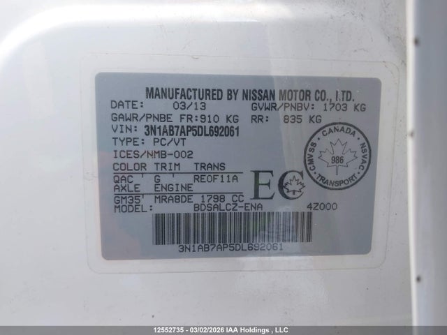 Aukcja sprzedaży 2013 Nissan Sentra, vin: 3N1AB7AP5DL692061, numer aukcji: 12552735
