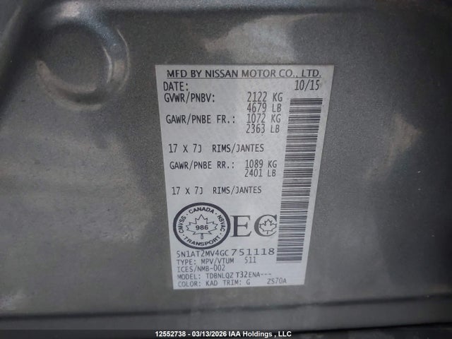 5N1AT2MV4GC751118 Nissan Rogue S/sl/sv