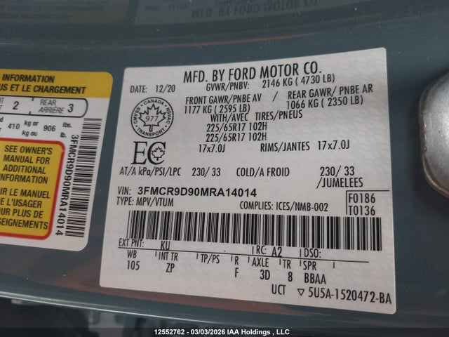 Aukcja sprzedaży 2021 Ford Bronco Sport Badlands, vin: 3FMCR9D90MRA14014, numer aukcji: 12552762