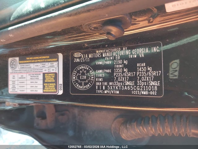 2012 Kia Sorento Lx მანქანა იყიდება აუქციონზე, vin: 5XYKT3A65CG211018, აუქციონის ნომერი: 12552765