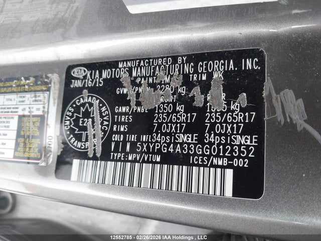 5XYPG4A33GG012352 KIA Sorento Lx/l