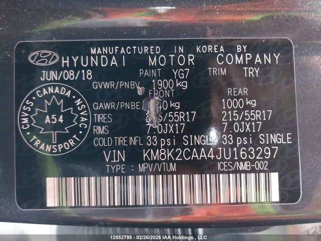 KM8K2CAA4JU163297 Hyundai Kona 2.0l Preferred