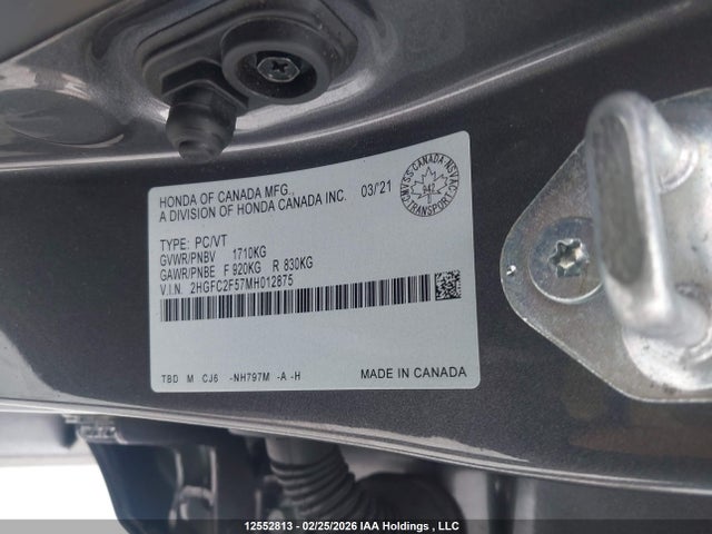 Aukcja sprzedaży 2021 Honda Civic Lx, vin: 2HGFC2F57MH012875, numer aukcji: 12552813
