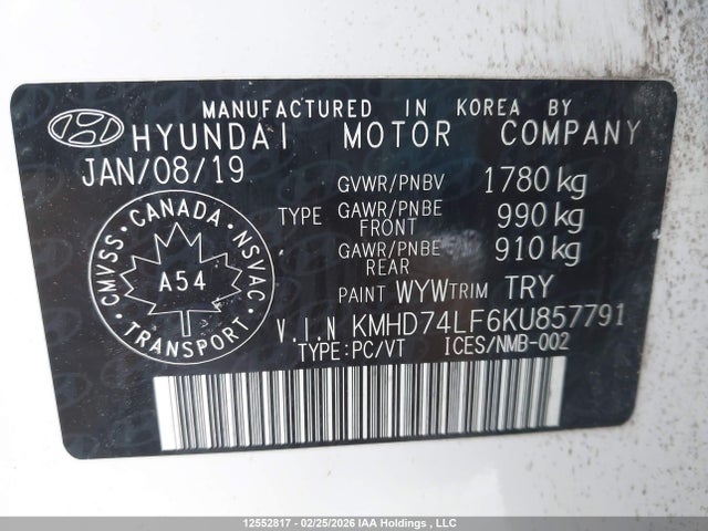 KMHD74LF6KU857791 Hyundai Elantra Essential