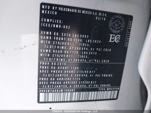 12552818 :رقم المزاد ، 3VV2B7AX8JM109667 vin ، 2018 Volkswagen Tiguan Se/sel مزاد بيع