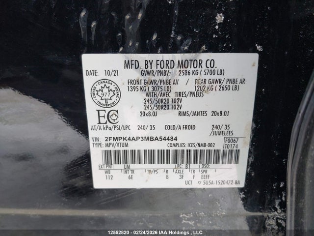 2021 Ford Edge St მანქანა იყიდება აუქციონზე, vin: 2FMPK4AP3MBA54484, აუქციონის ნომერი: 12552820