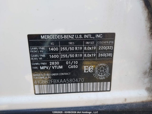 Aukcja sprzedaży 2010 Mercedes-benz Ml 350 Bluetec 4matic, vin: 4JGBB2FBXAA580470, numer aukcji: 12552825