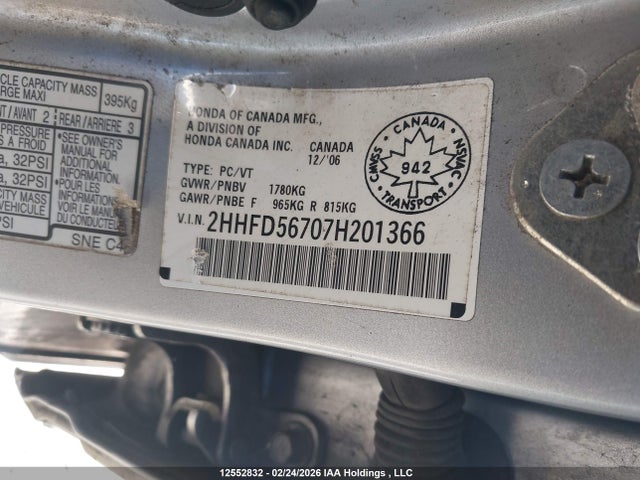 Продажа на аукционе авто 2007 Acura Csx Premium Navigation, vin: 2HHFD56707H201366, номер лота: 12552832