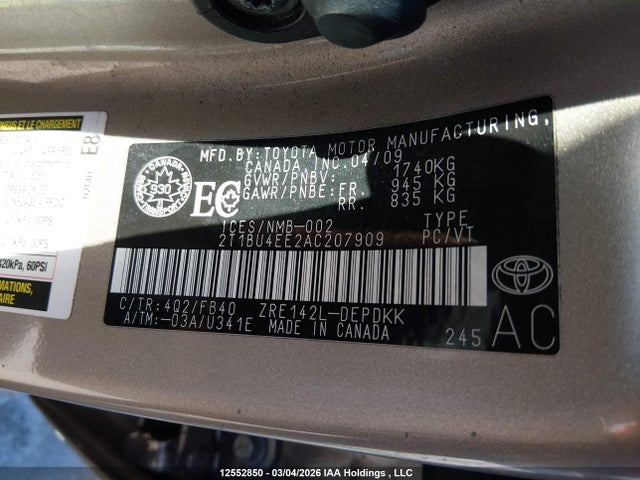 12552850 :رقم المزاد ، 2T1BU4EE2AC207909 vin ، 2010 Toyota Corolla مزاد بيع