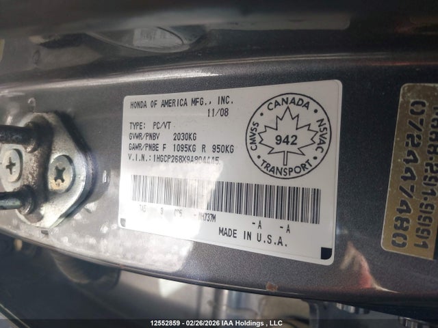 Продажа на аукционе авто 2009 Honda Accord Exl, vin: 1HGCP268X9A804445, номер лота: 12552859