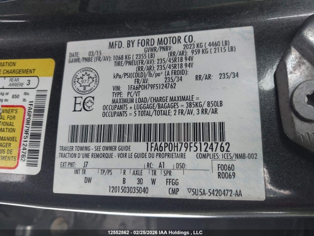 Ford FUSION SE 2015 1FA6P0H79F5124762 Image 9