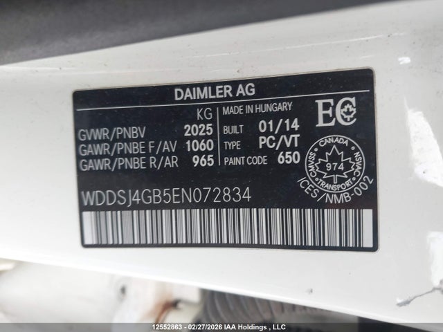 12552863 :رقم المزاد ، WDDSJ4GB5EN072834 vin ، 2014 Mercedes-benz Cla 250 4matic مزاد بيع