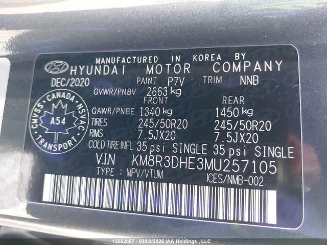 KM8R3DHE3MU257105 Hyundai Palisade Luxury 8-passenger Seating