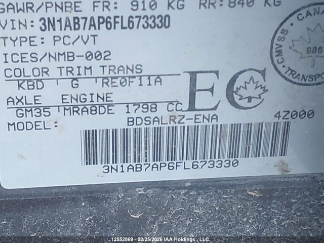 12552869 :رقم المزاد ، 3N1AB7AP6FL673330 vin ، 2015 Nissan Sentra S/sv/sr/sl مزاد بيع