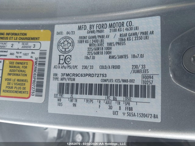 Aukcja sprzedaży 2023 Ford Bronco Sport Outer Banks, vin: 3FMCR9C63PRD72753, numer aukcji: 12552870