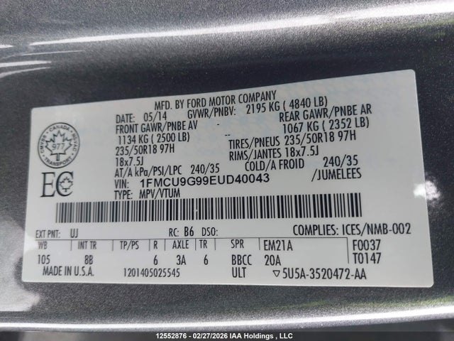 12552876 :رقم المزاد ، 1FMCU9G99EUD40043 vin ، 2014 Ford Escape Se مزاد بيع