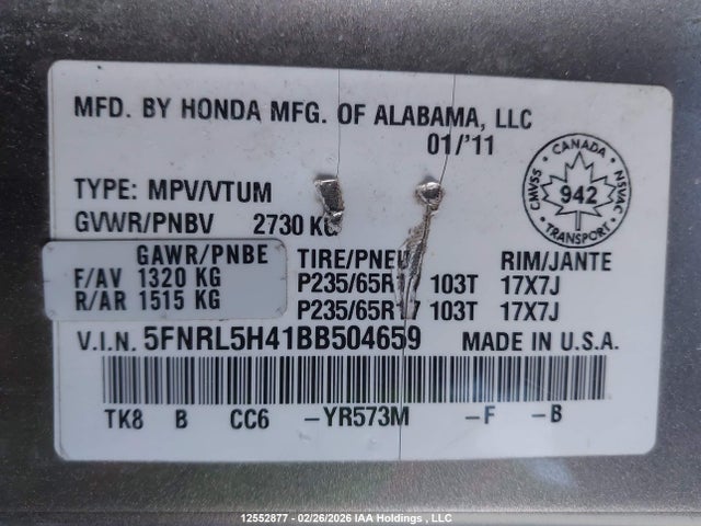 Продаж на аукціоні авто 2011 Honda Odyssey Ex, vin: 5FNRL5H41BB504659, номер лоту: 12552877