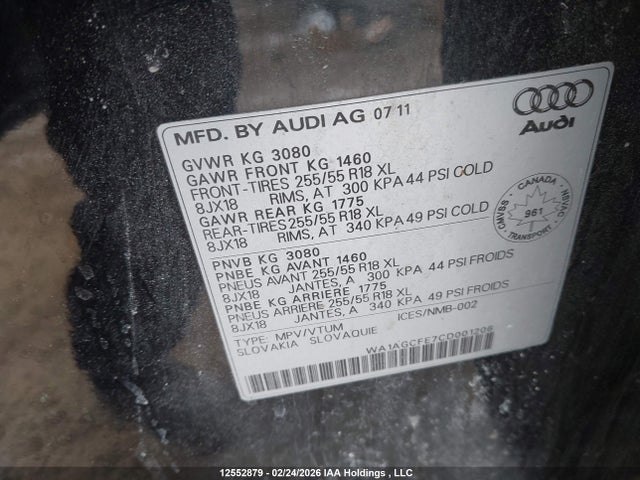12552879 :رقم المزاد ، WA1AGCFE7CD001206 vin ، 2012 Audi Q7 Prestige مزاد بيع
