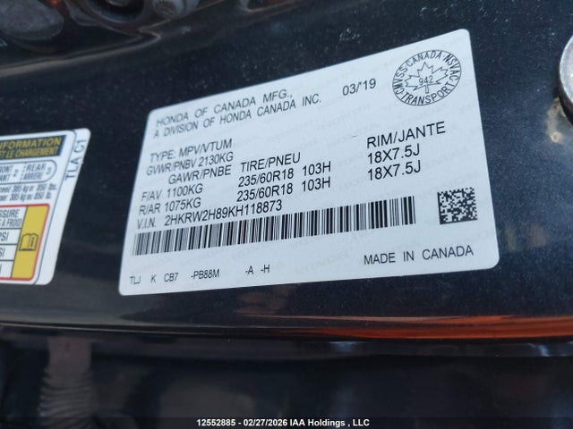 Honda Cr-v Ex-l 2019 2HKRW2H89KH118873 Image 9