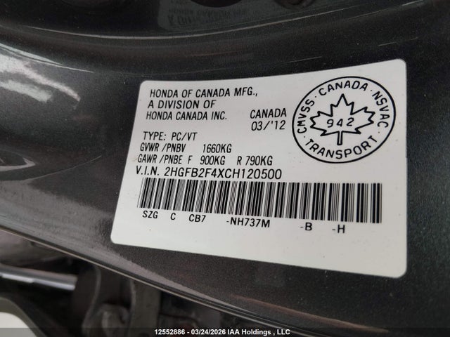 2012 Honda Civic Lx მანქანა იყიდება აუქციონზე, vin: 2HGFB2F4XCH120500, აუქციონის ნომერი: 12552886