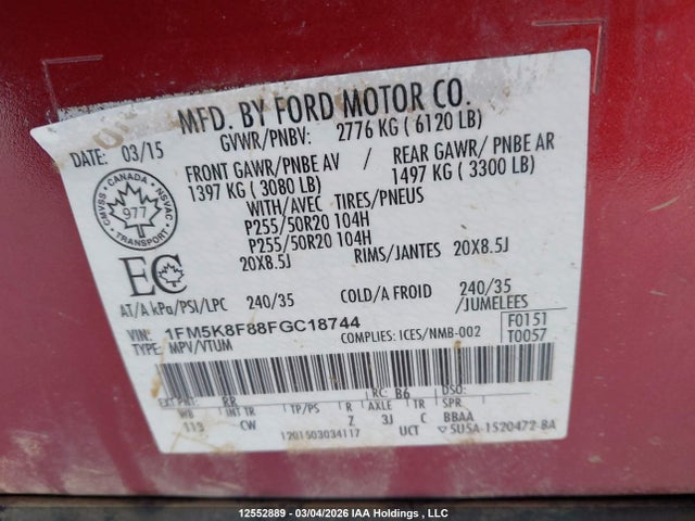 12552889 :رقم المزاد ، 1FM5K8F88FGC18744 vin ، 2015 Ford Explorer Limited مزاد بيع
