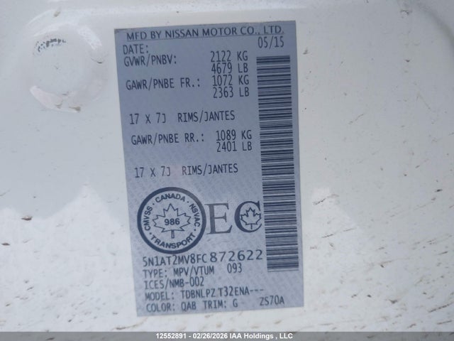 Aukcja sprzedaży 2015 Nissan Rogue S/sl/sv, vin: 5N1AT2MV8FC872622, numer aukcji: 12552891