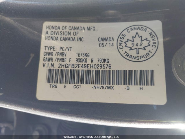 Aukcja sprzedaży 2014 Honda Civic Lx, vin: 2HGFB2E49EH029576, numer aukcji: 12552892