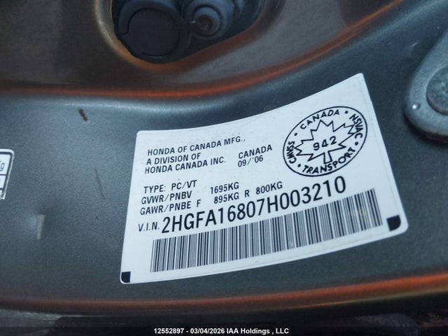 Продаж на аукціоні авто 2007 Honda Civic Ex 4dr, vin: 2HGFA16807H003210, номер лоту: 12552897