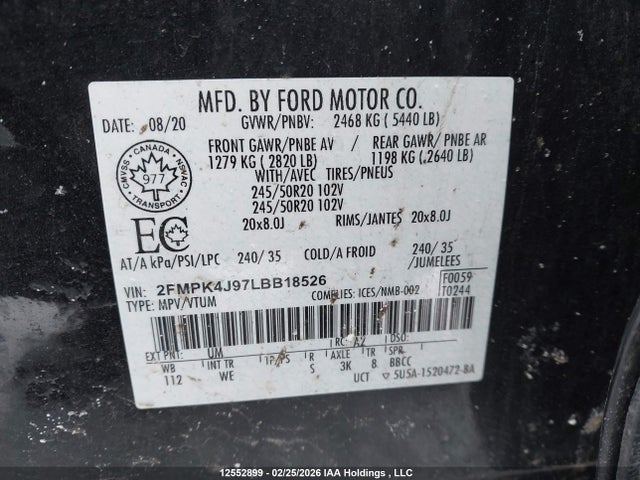 Продаж на аукціоні авто 2020 Ford Edge St Line, vin: 2FMPK4J97LBB18526, номер лоту: 12552899
